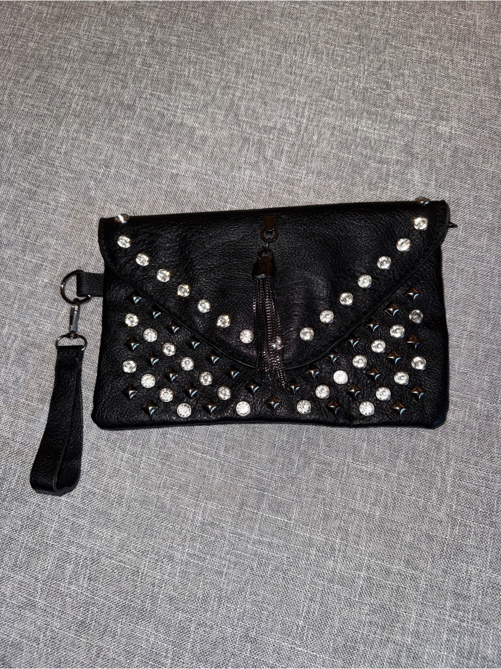 Wristlet With Silver Studs Rhinestones And Chain Tassel